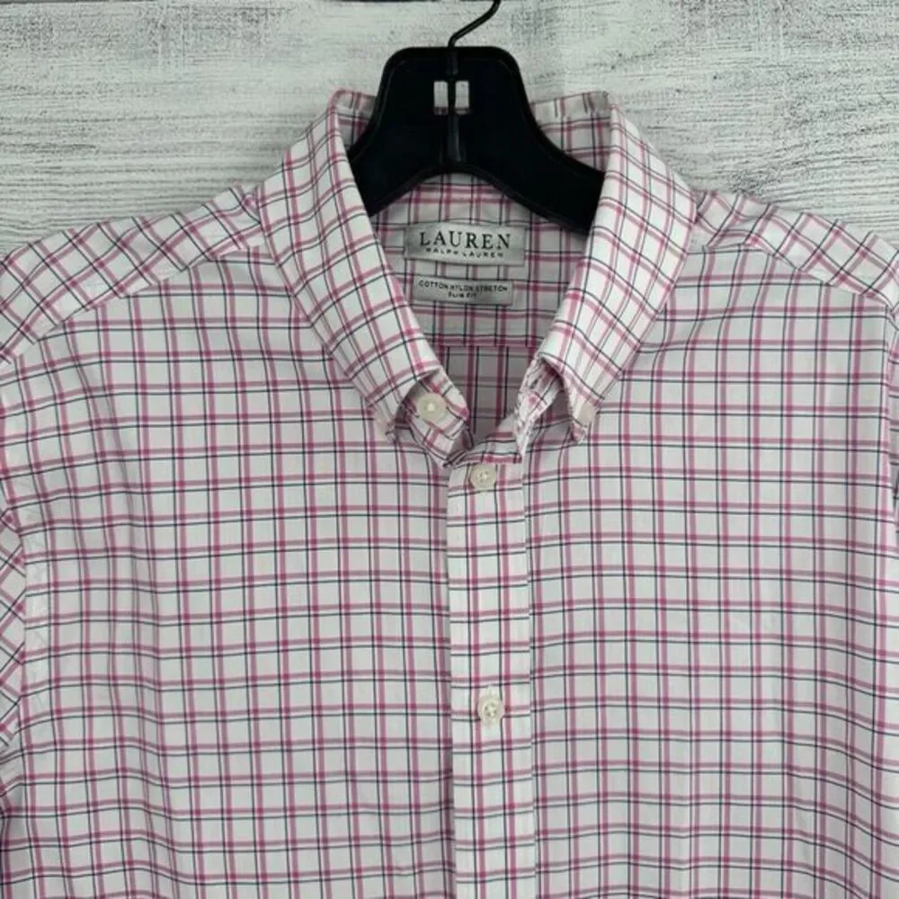 Lauren Ralph Lauren‎ Shirt Mens Med 15-34/35 Plaid Slim Fit Performance Stretch